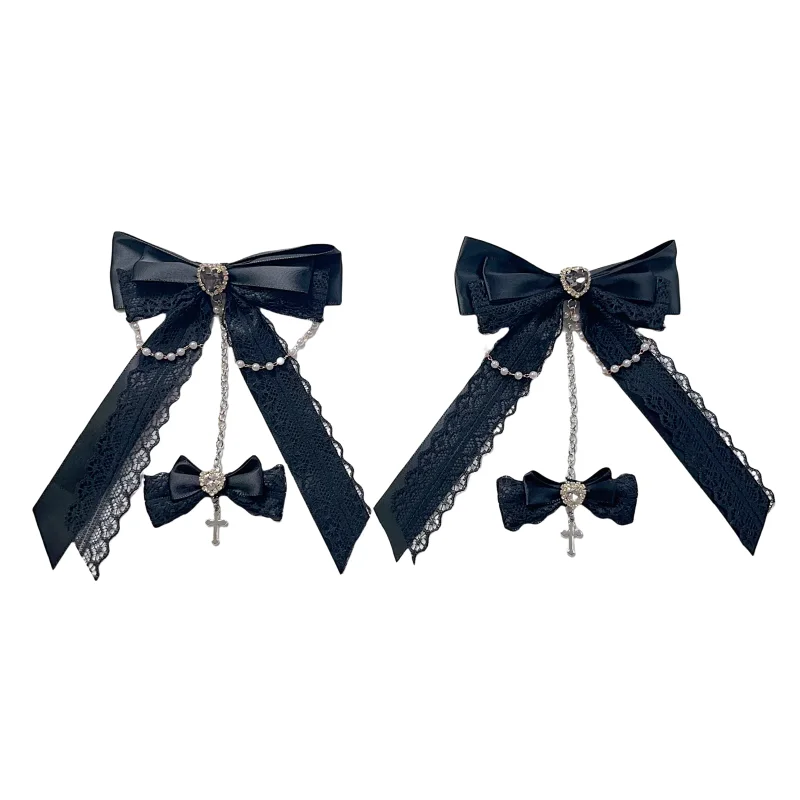 Y2K Girl Angel Harajuku Gothic Headdress Japanese Lolita Punk Side Clip Cute Bows Lace Chain Subculture Bling Hair Accessories