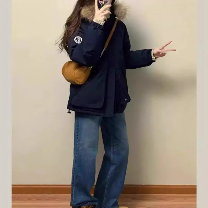 여성 겨울 후드 파카 솜 패딩 재킷 두꺼운 한국 스타일 레트로 스탠드 칼라 미니멀리스트 푸퍼 재킷 코트