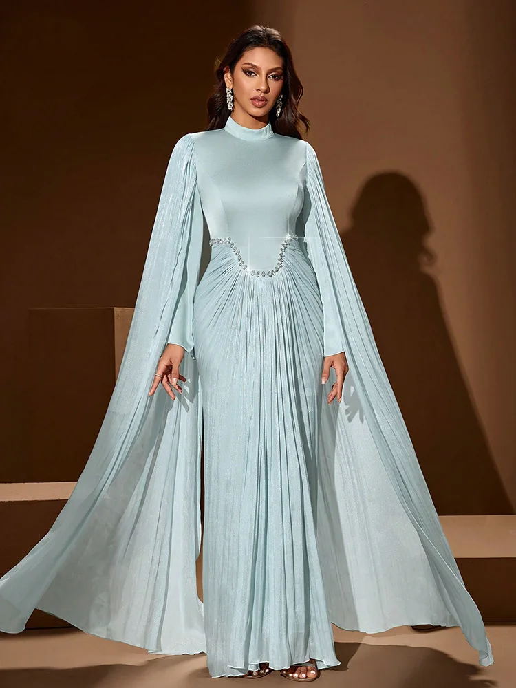 TOLEEN Damen-Kleid mit festem Stehkragen, elegantes langes Kleid, Perlen- und Rüschen-Design an der Taille, lange Ärmel, fließender Saum, formelle Hochzeitsfeier