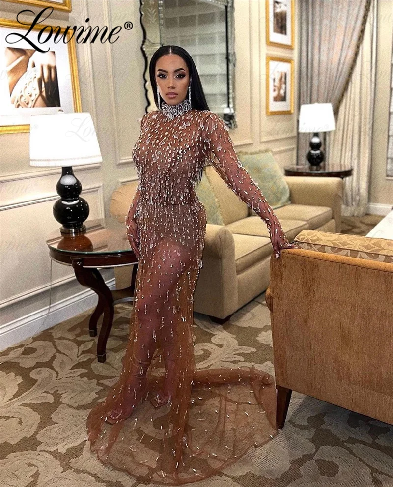 Dark Brown Heavy Crystals Beading Women Evening Dress Long Sleeves Mermaid Arabic African Party Dress Robe De Soirée Custom Made