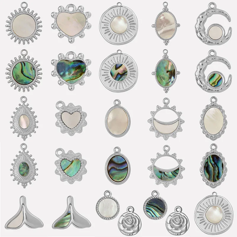 ウィッカクレセントのナチュラルシェルペンダント,ステンレススチール,ムーン,太陽,ハート,不規則な海洋動物の品揃え,4,5個