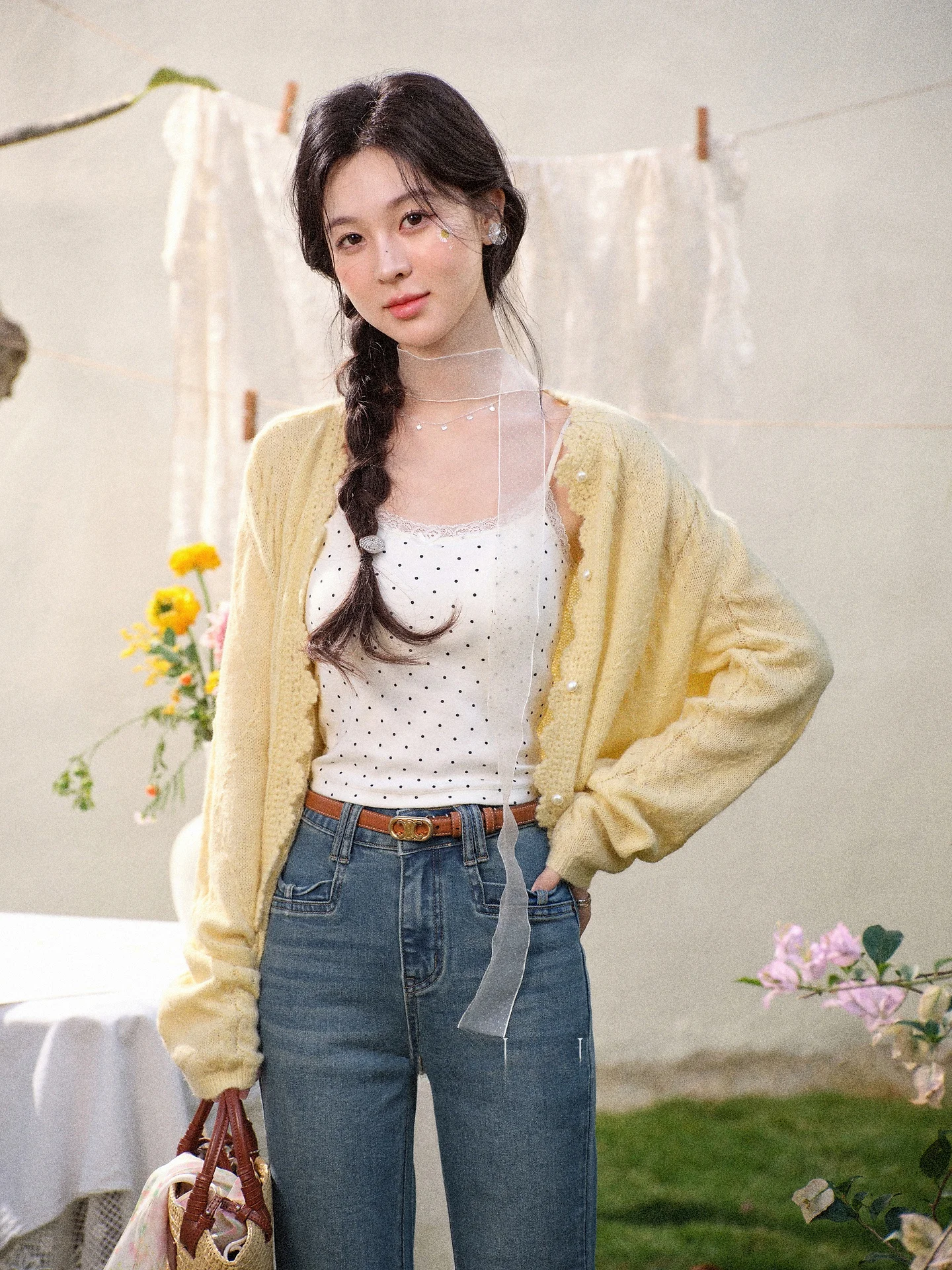 

Southward Deer Spring Letter Knitted Open Cardigan Women's Sle Unique Youthful Yellow French Sle Long Sve Pure Color