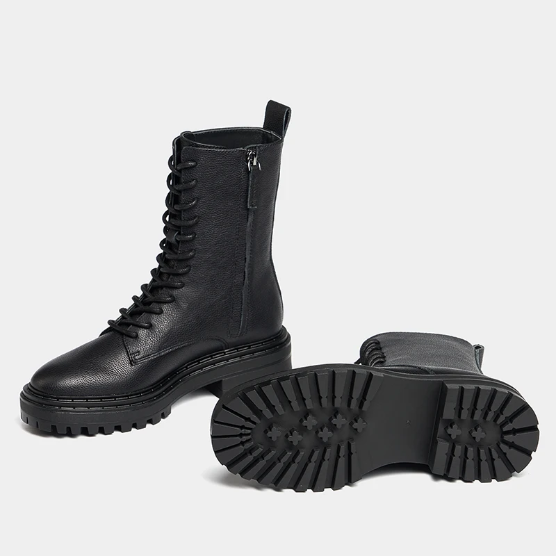 MOOQDAAX 2023 New Autumn Winter Women Fashion Genuine Leather British Style Lacing Short Boots Simple Casual Shoes Martin Boots