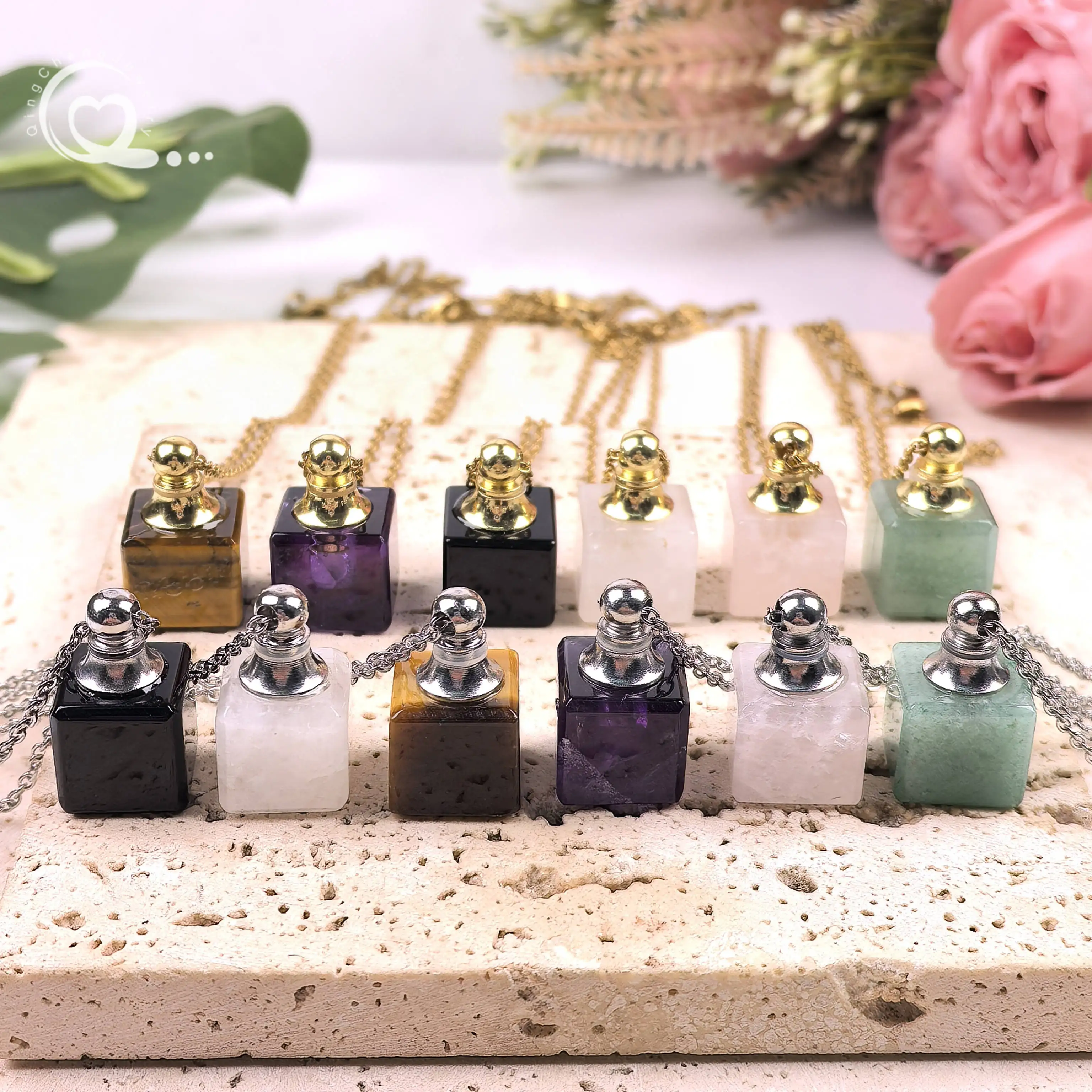 

Cube Quartz Gold Silver Plated Perfume Bottle Pendant Chains Crystal Stone Essential Oil Diffuser Vial Necklace Jewelry QC1192