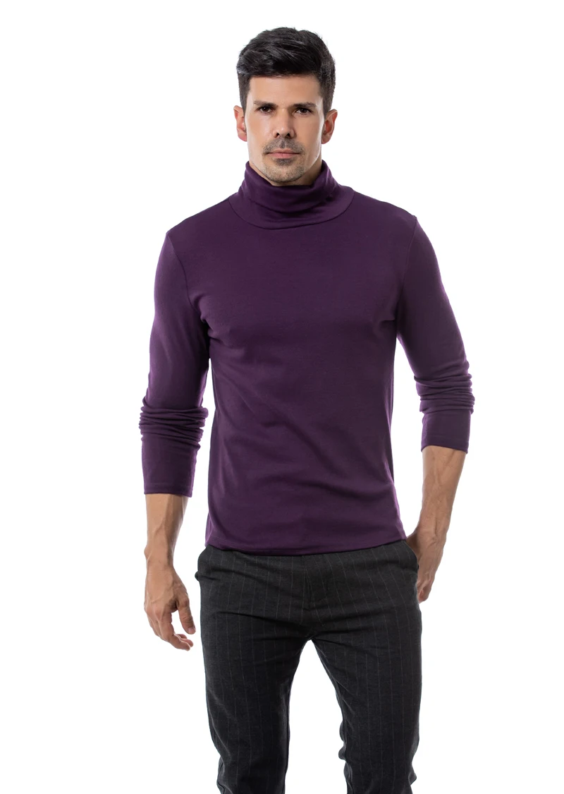 Jersey de cuello alto púrpura para hombre, camisa térmica de manga larga, ajustada, básica, de punto, 2023