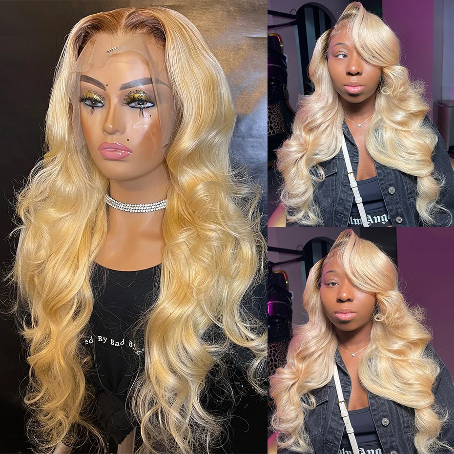 13x6 Ombre Blonde Lace Front Human Hair Pre Plucked Body Wave 613 Full Lace Wigs For Women Dark Root Blonde Colored Frontal Wigs