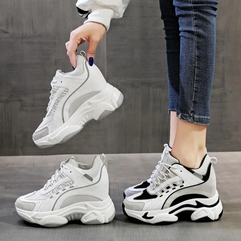 2025 الربيع/الخريف منصة إسفين أحذية رياضية مكتنزة أحذية أبي جلد طبيعي 9 سنتيمتر كعب زيادة الارتفاع أحذية مفلكنة الأحذية #6