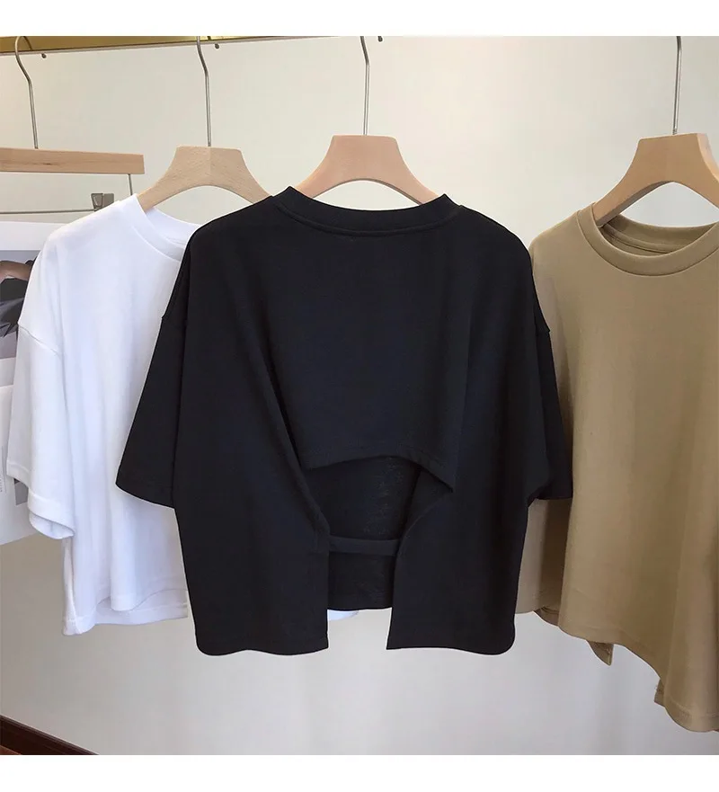 Summer Clothes Korean Sexy Backless Short O-Neck Women Casual Solid Color T-Shirt Short Sleeve Girl Tee Shirt Fashion Tops - Image 4