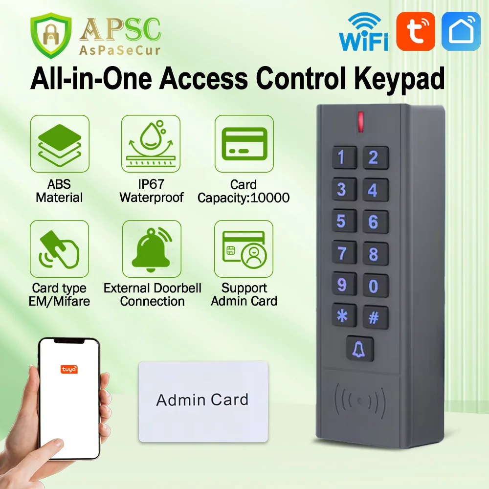 

Система контроля доступа Tuya SmartLife APP, автономная, водонепроницаемая IP67, цифровая клавиатура, считыватель RFID-карт 125 кГц, 13,56 МГц, WG26-44, 56, 58 бит