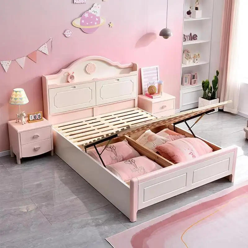 *Wood Beds Queen Size Kids Storage Bed Solid Wood Frame Girls pink Blue Boys Design Wooden Bed for Wholesale