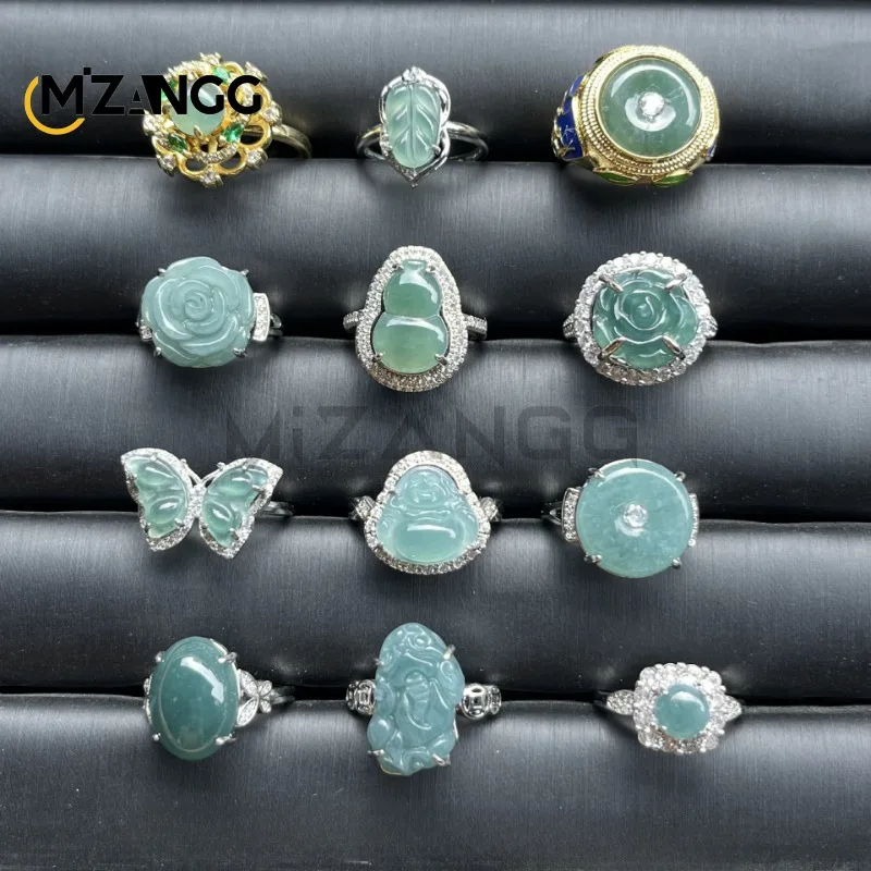 

Natural Jadeite Blue Water Rose Flower Fox Totem Buddha PiXiu Ring Exquisite and Fashionable Jewelry for Girls Festival Gift
