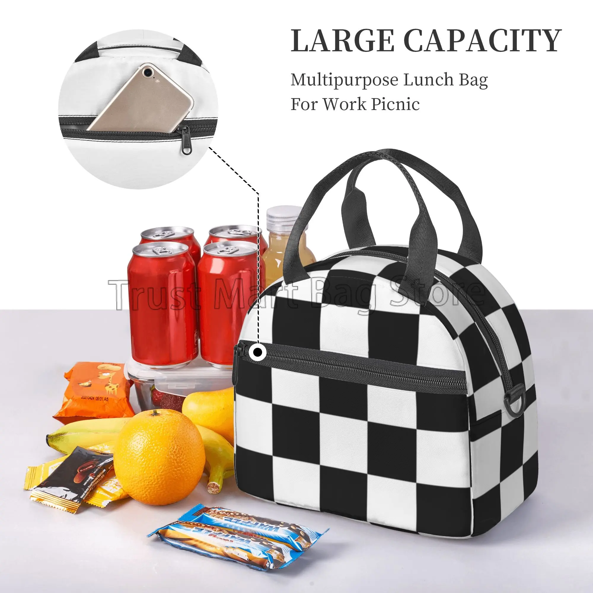 Black White Checkered Print Lunch Bag Checkerboard Reusable Insulated Tote Bag Lunch Container with Adjustable Shoulder Strap