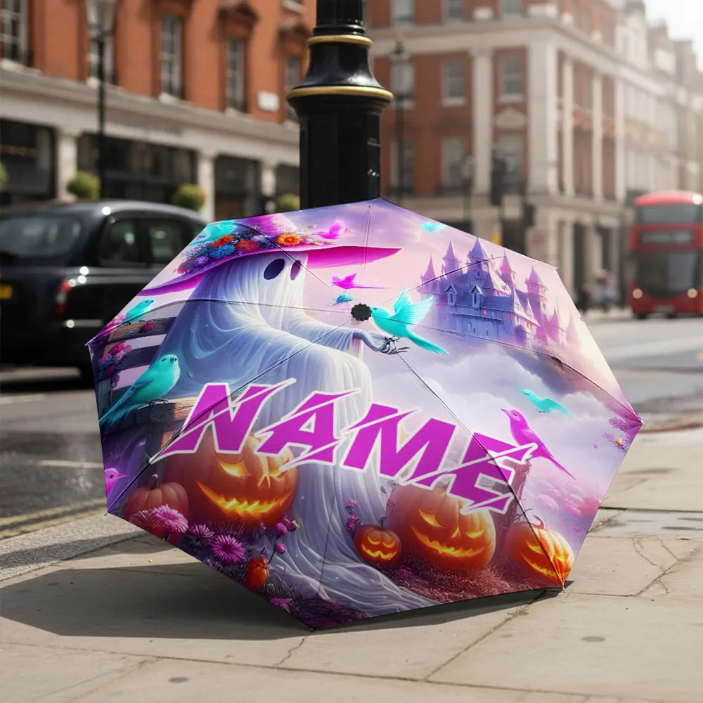 Custom Name umbrella, Whimsical Ghost with Birds and Castle Umbrella for Sunny and Rainy Days, Christmas Gift