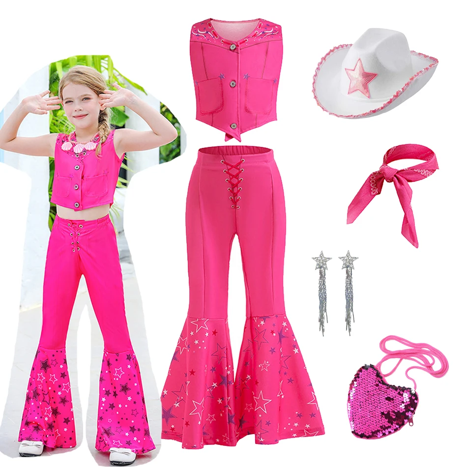 Girls Barbe Vest+Pant 2-Piece Set Kids Red Bell Bottoms With Sleeveless Bodysuit Lovely Cowgirl Suit With Hat Halloween Clothing