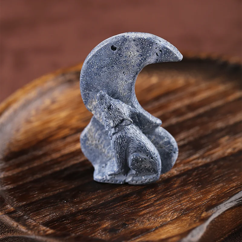 Natural Blue Coral Wolf & Moon Shaped Pendant Beads 55x36x15mm Semiprecious Stone Carving Gemstone for Fashion Jewelry Making