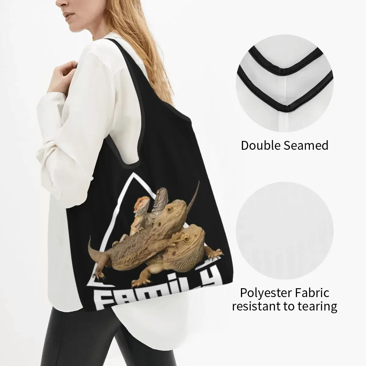 Family Funny Bearded Dragon Design Portable Tote Shopping Bags Large Capacity Shopper Bag Grocery Handbag Shoulder Bag