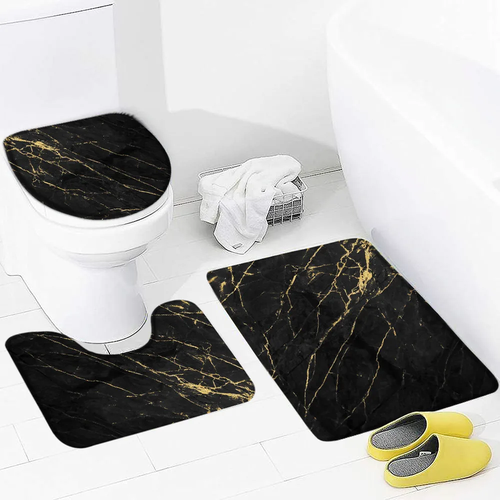 Black Marble Bath Mat Set Gold Lines Texture Abstract Art Pattern Modern Home Carpet Bathroom Decor Floor Rugs Toilet Lid Cover