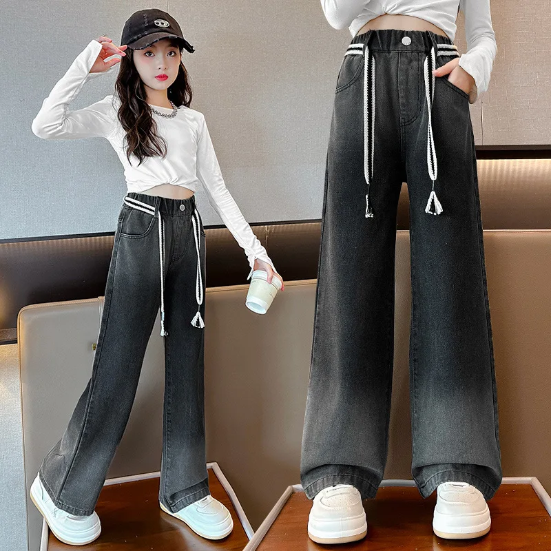 5 To 13 Years Teenage Girls Jeans Gradation Casual Wide Leg Pants Autumn Kids Clothes School Youth Children High Waist Trousers