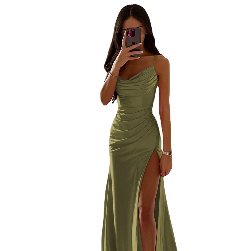 Spring New Party Formal Dress Women\'s Sexy Solid Slim High Waist Slit Dress Women\'s V-neck Spaghetti Strap Pleated Elegant Dress