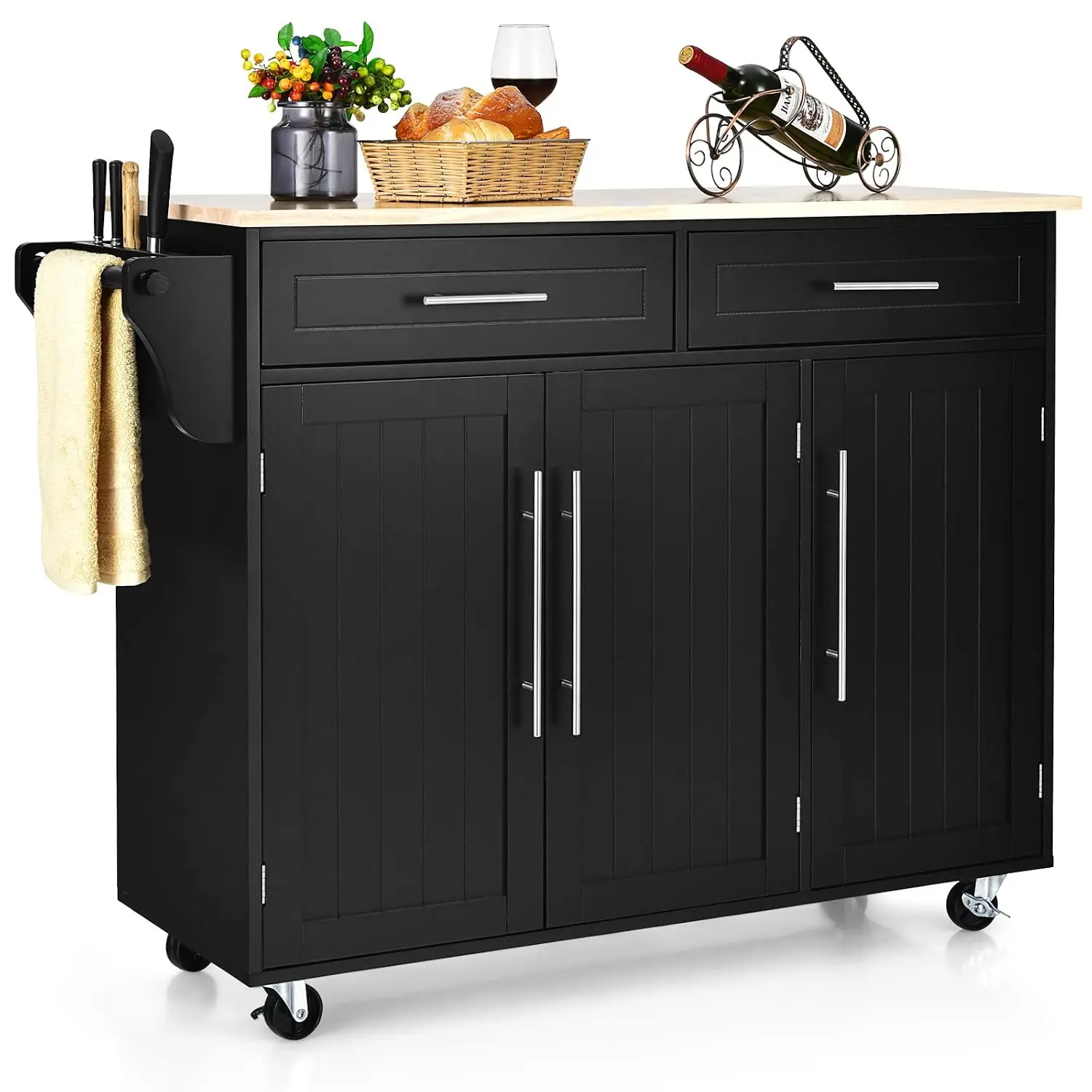 Kitchen Island Cart Rolling Trolley Lockable Casters 2 Drawers 3-Door Cabinet Towel Rack Knife Block Dining Home Bar, Customized