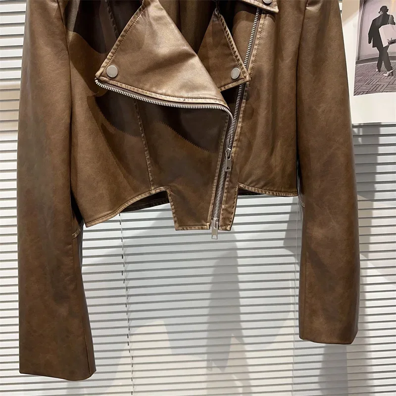 Primavera novas mulheres vintage fino curto jaqueta de couro falso preto marrom escuro lapela manga longa motocicleta motociclista jaqueta streetwear