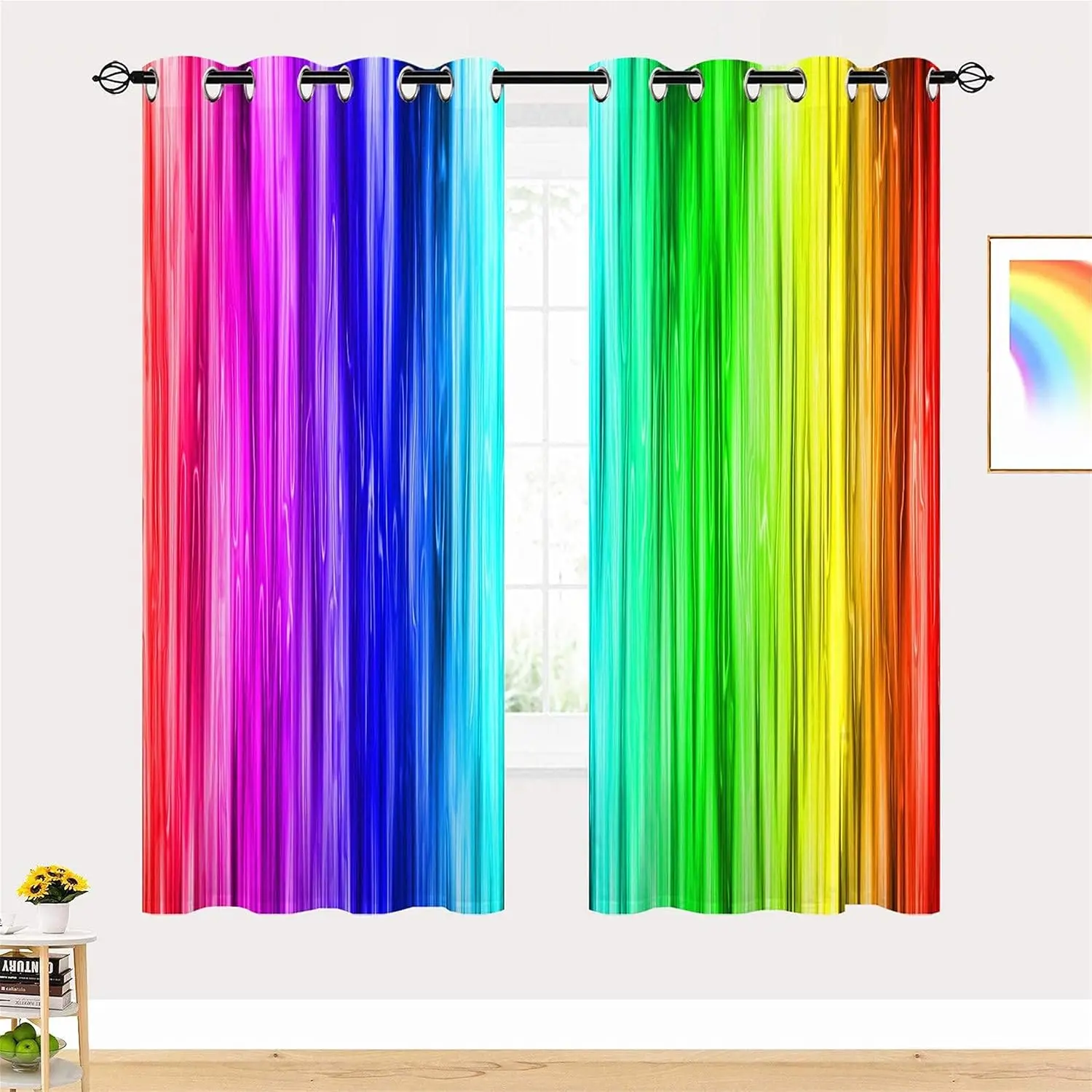 Rainbow Striped Curtains W42 x L63 Inch Grommet Colorful Vibrant Vertical Stripes Print Pattern Light Filtering Fabric Window Dr