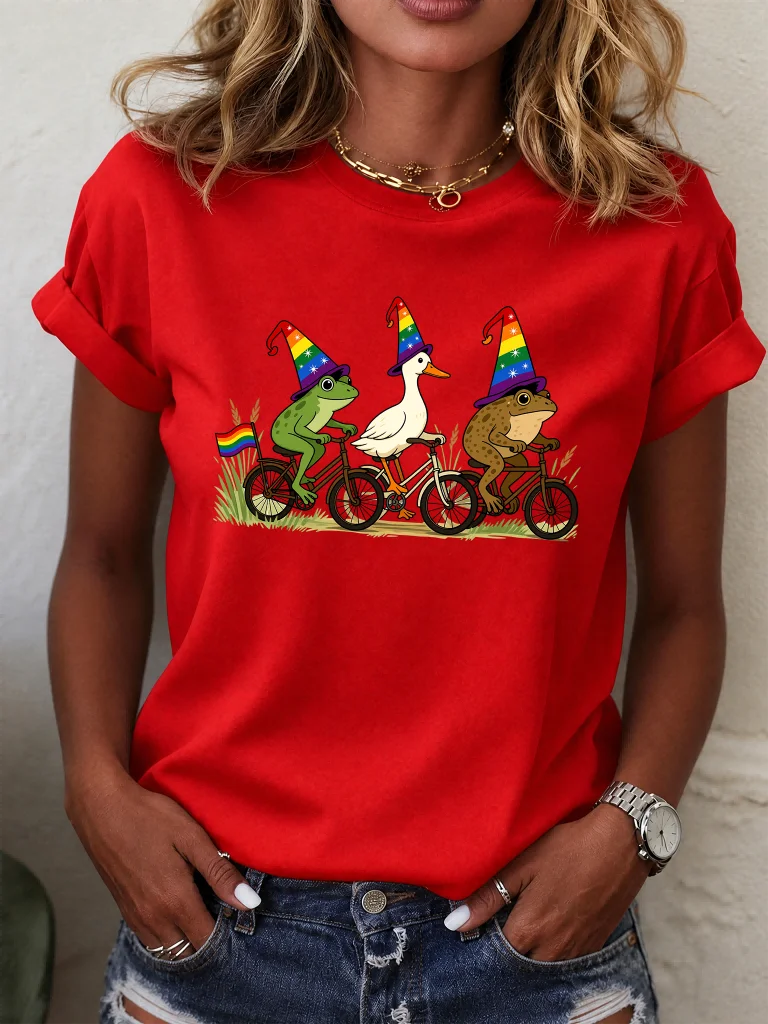 ilstile LGBTQ Pride Rainbow T Shirt Women Funny Frog Duck Bicycle Wizard Hat Graphic Tees Casual Short-Sleeve Top Gift