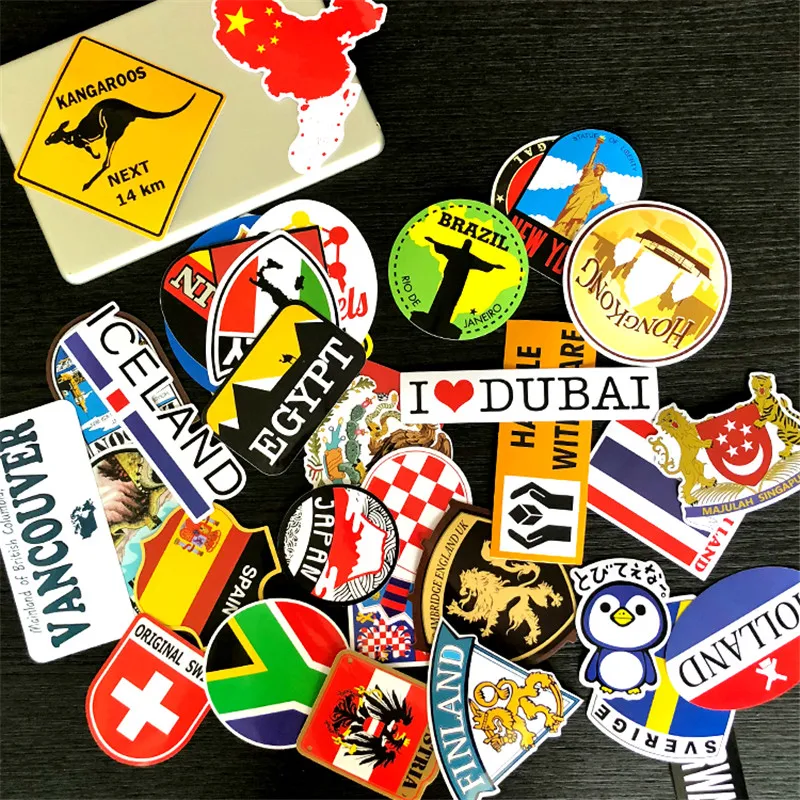 38Pcs/Set Luggage Stickers Set Countries Cities Travel Pegatinas Toys PVC Waterproof Decal  Fridge Skateboard Room Decorate