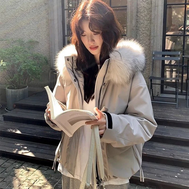 Faux Fur Collar Hooded Parkas Women Winter Thick Warm Casual Loose Cargo Coats Solid All Match Large Pockets Long Sleeve Outwear