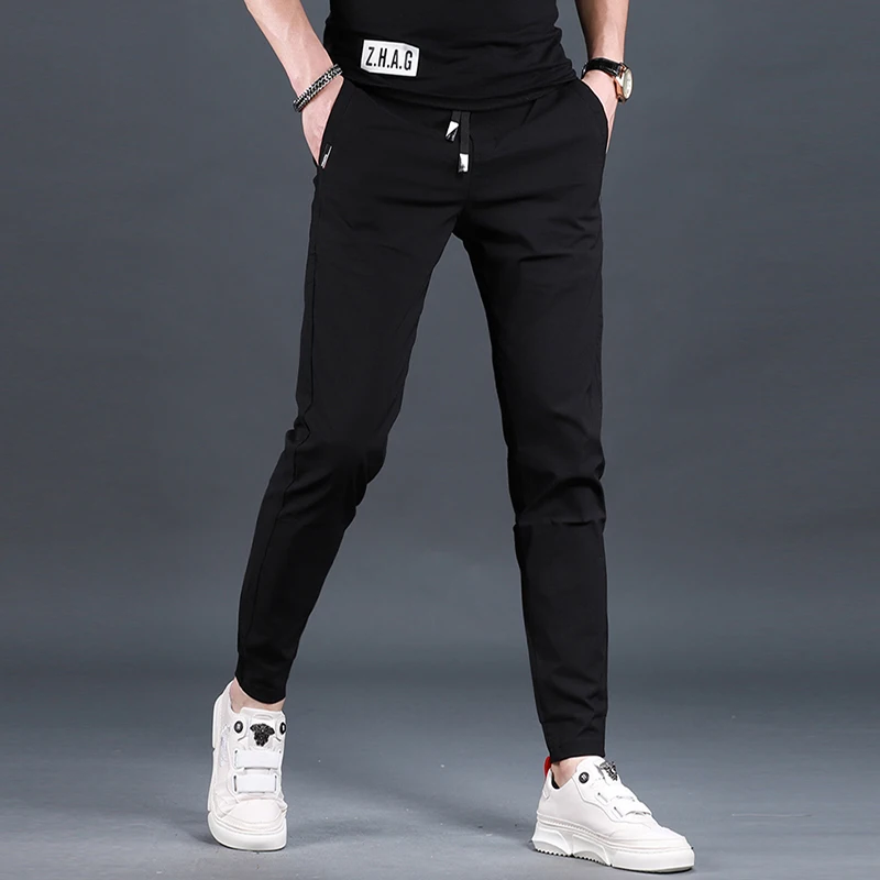 Men\'s Slim Fit Elastic Waist Black Pencil Pants Summer Fashion Casual Sport Drawstring Jogging Trousers