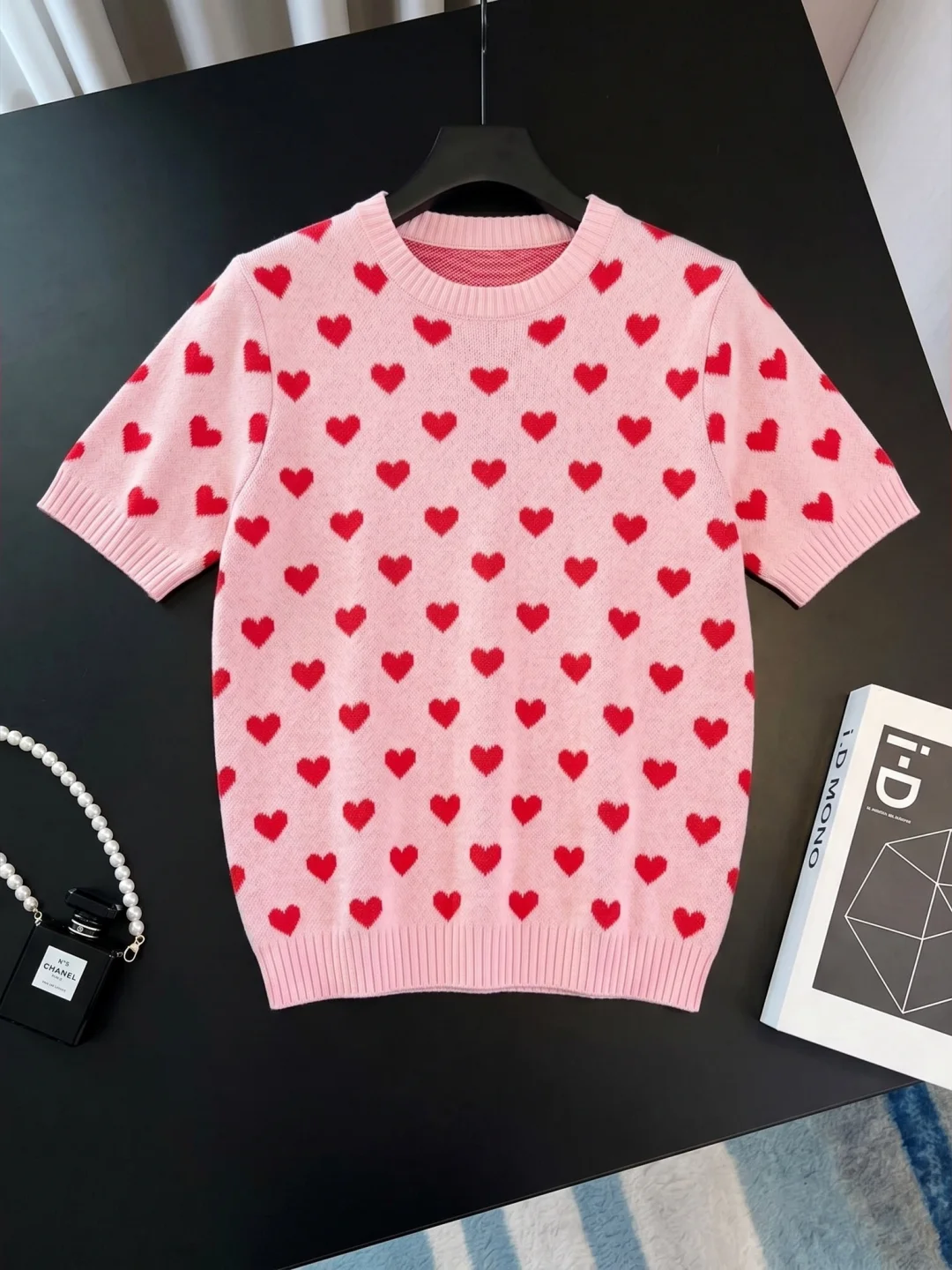 Korean Sweet Style round Neck Heart Print Knitted Shirt Summer Short Sleeve Lazy Soft Anti Aging Match All Soft Cotton Top