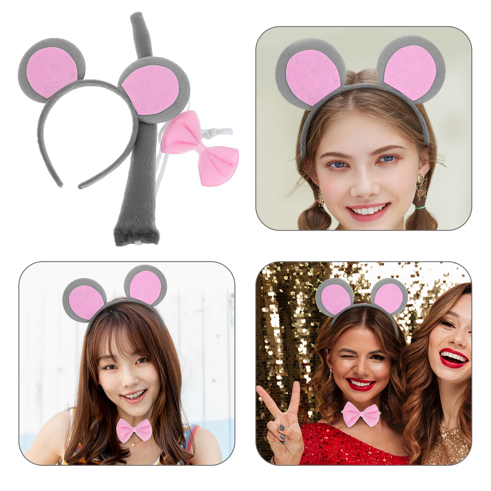 3 pièces oreilles bandeau et queue de souris et nœud papillon ensemble souris Costume oreilles de Rat Costume pour femmes adultes Halloween Costume accessoires P