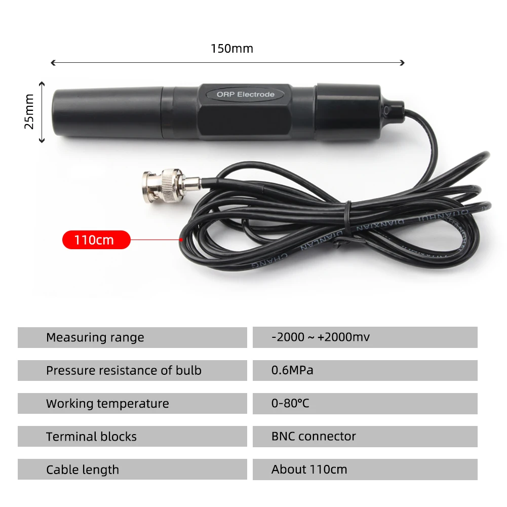 Yieryi ORP Probe 256MV Liquid Sensor Aquarium Laboratory ORP Electrode Probe BNC Oxidation-Reduction Potential Test Sensor 110CM