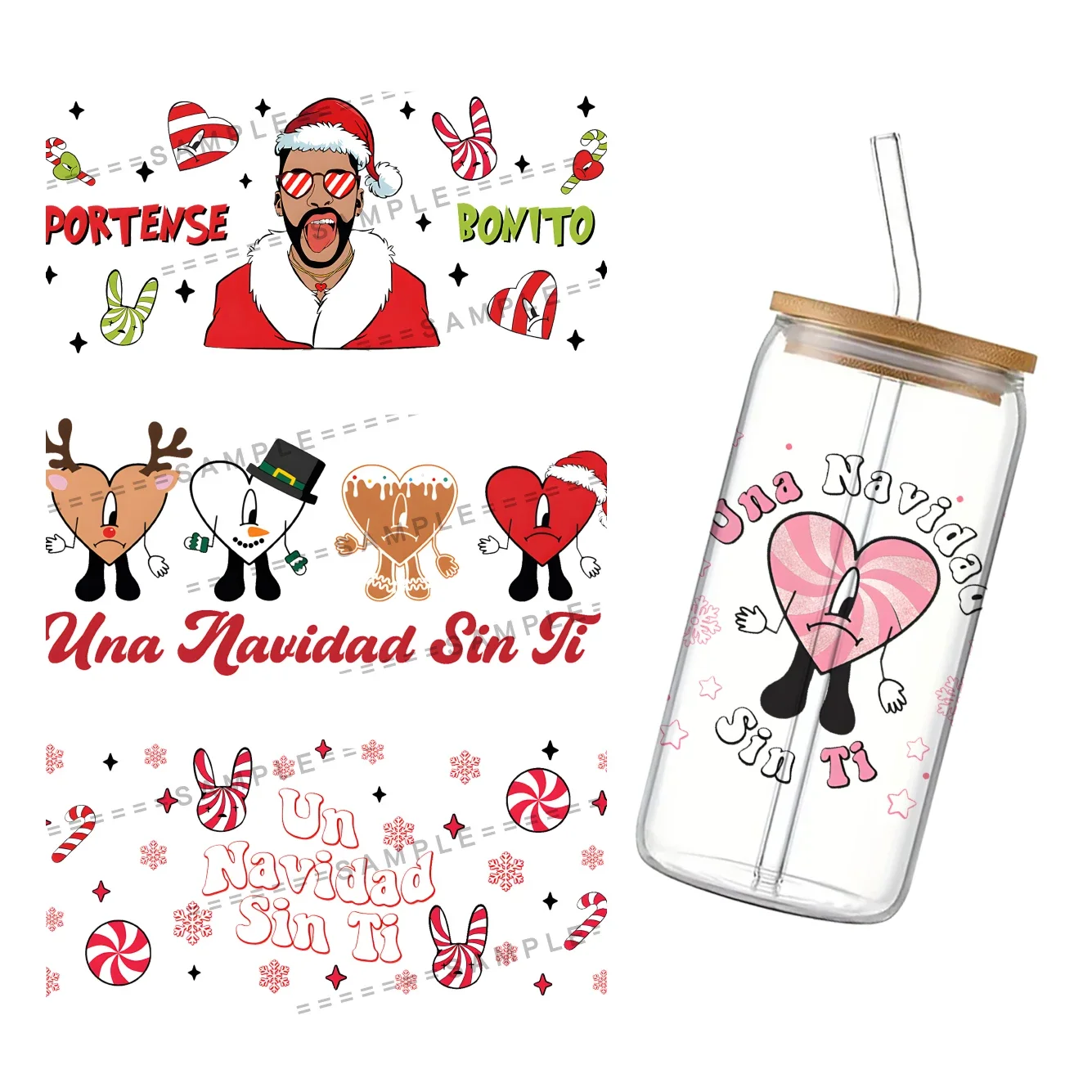 Christmas Theme Bad Bunny Waterproof Decal UV DTF Cup Wrap 16oz Libbey Glass Permanent Adhesive Ready To Apply No Heat Needed