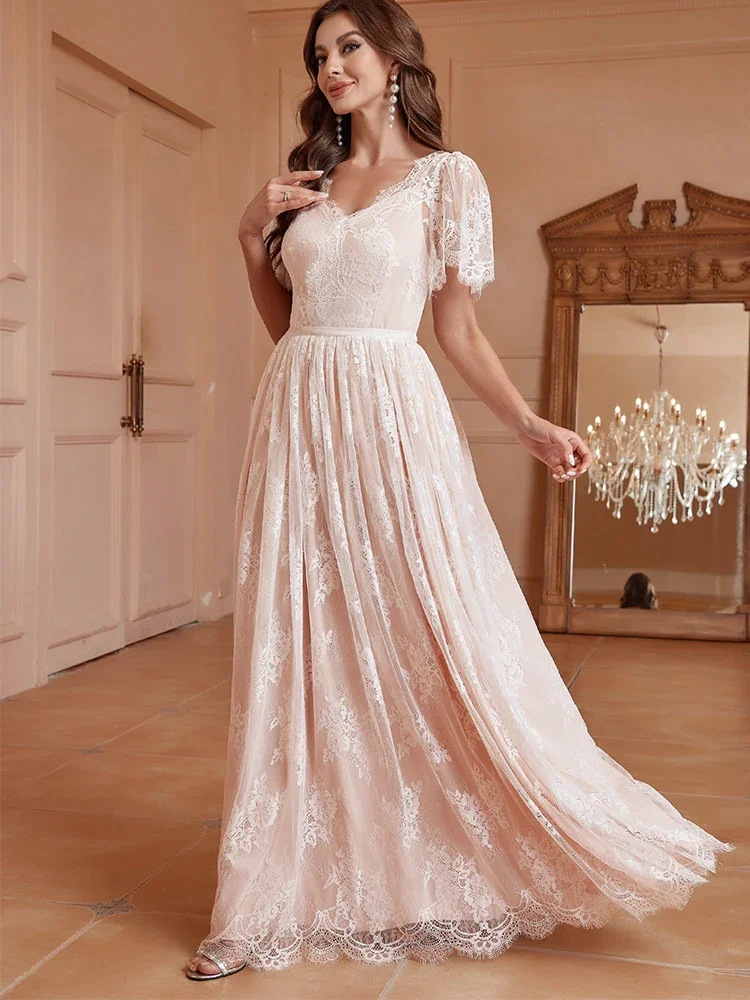 2024 Spring Summer Women\'s Pink Lining White Lace Backless Wedding Bridesmaid Dress Long Vestidos De Fiesta