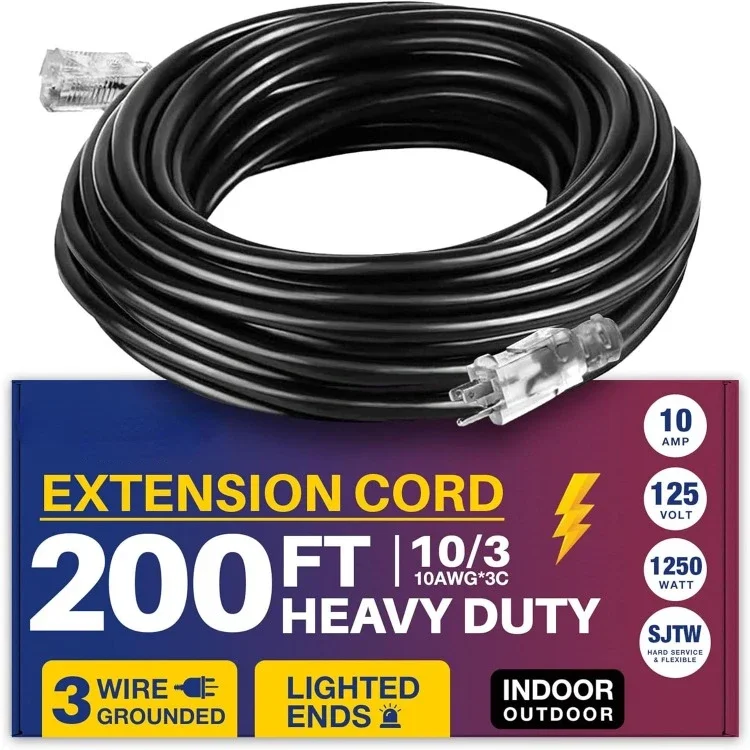 

200ft Power Outdoor Extension Cord & Indoor - Waterproof Electric Drop Cord Cable - 3 Prong SJTW, 10 Gauge, 8 AMP, 125 Volts