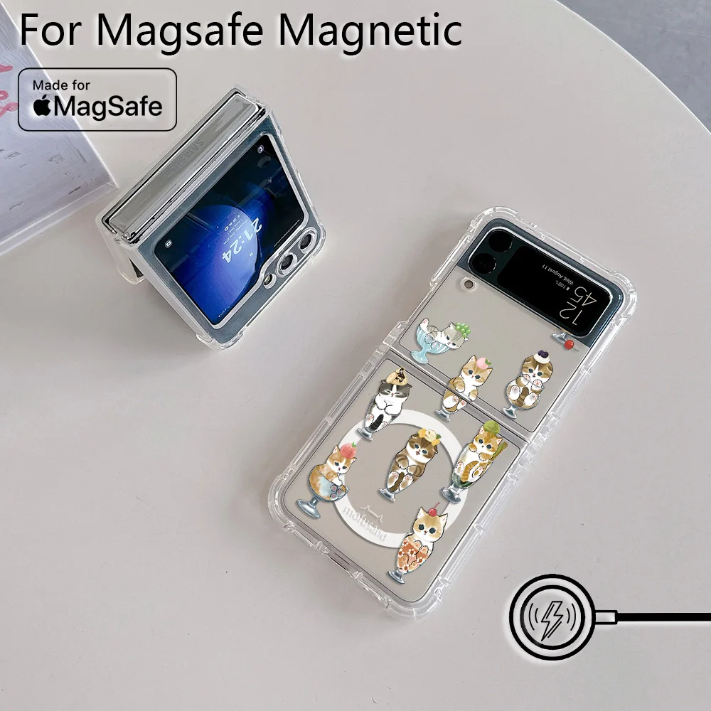 Cartoon M-Mofusands cat Magsafe Magnetic Phone Case for Samsung Galaxy Z Flip 3 4 Z Flip 5 6 Z 5G Soft Transparent Back Cover