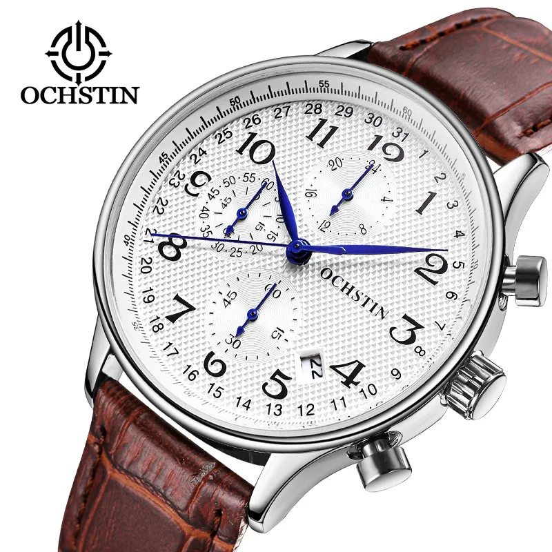OCHSTIN Hot-selling Multifunctional Men's Watch Business Casual Leather Waterproof Light Calendar Quartz Watch