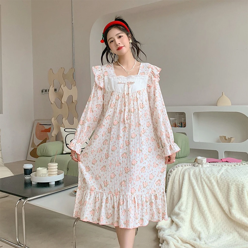 

Women Korean Japan Sweet Princess Nightgowns Pure Cotton Floral Print Fairy Night Dress Autumn Long Sleeve Vintage Sleepwear