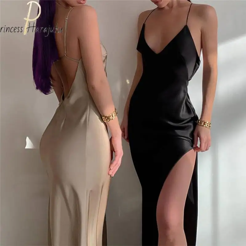 

Summer Fashion Women Satin Silky Spaghetti Strap Split Long Dress Elegant Sleeveless Backless Club Party Beach Sexy Vestito 2022