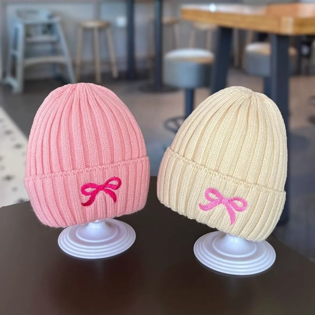 6M-2Y Bow Embroidery Print Girls Beanie Hat Winter Warm Solid Knitted Kids Cap for Girls Ins Style Children Hat