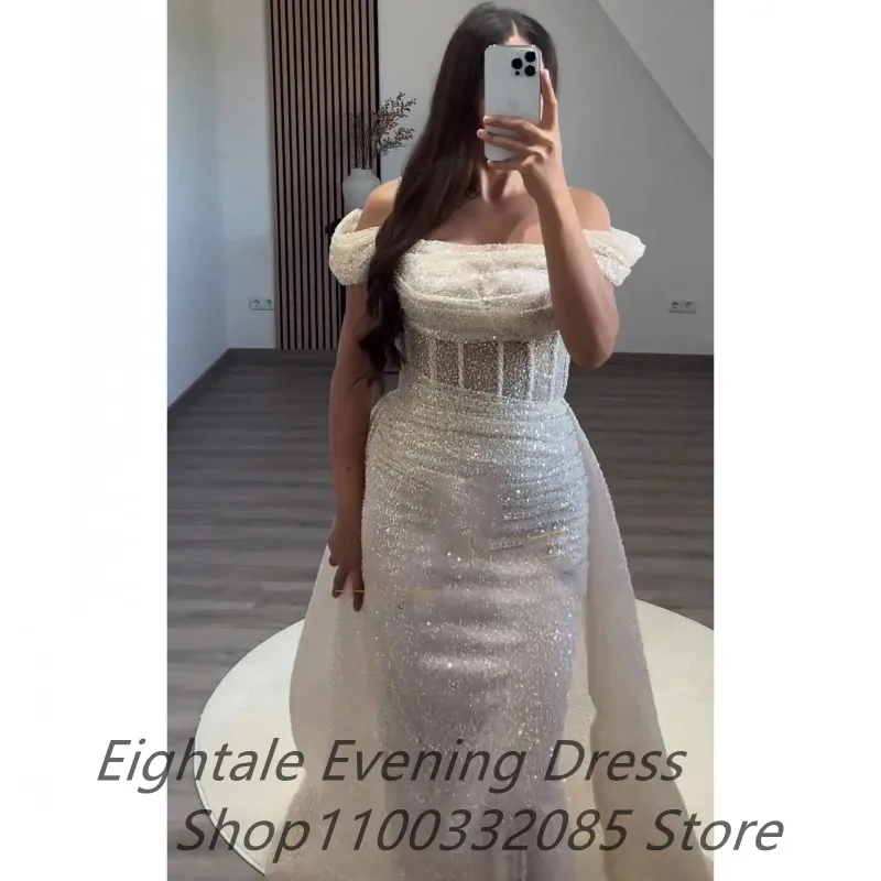 Eightale Shinning Sequins Prom Dress Off Shoulder Beige Color Evening Dress Women Formal Party Gown Customized