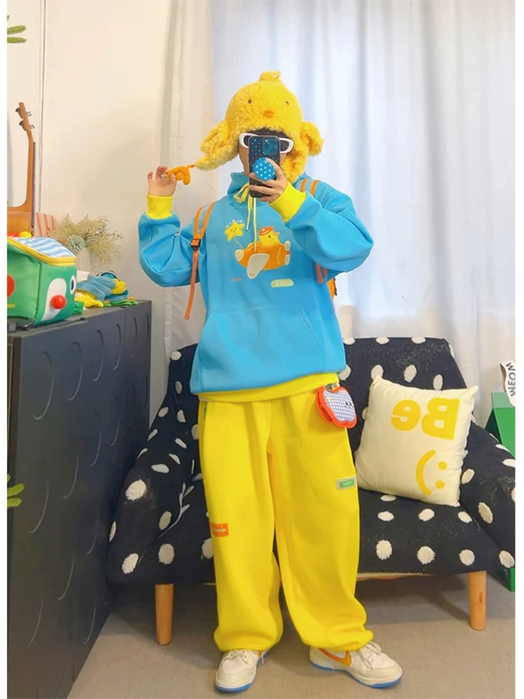 Blue Hooded Sweatshirt Women's Winter Thickened Fleece Embroidered Loose Couple Tops KURIOSITAET  Power Warm Cotton Polyester