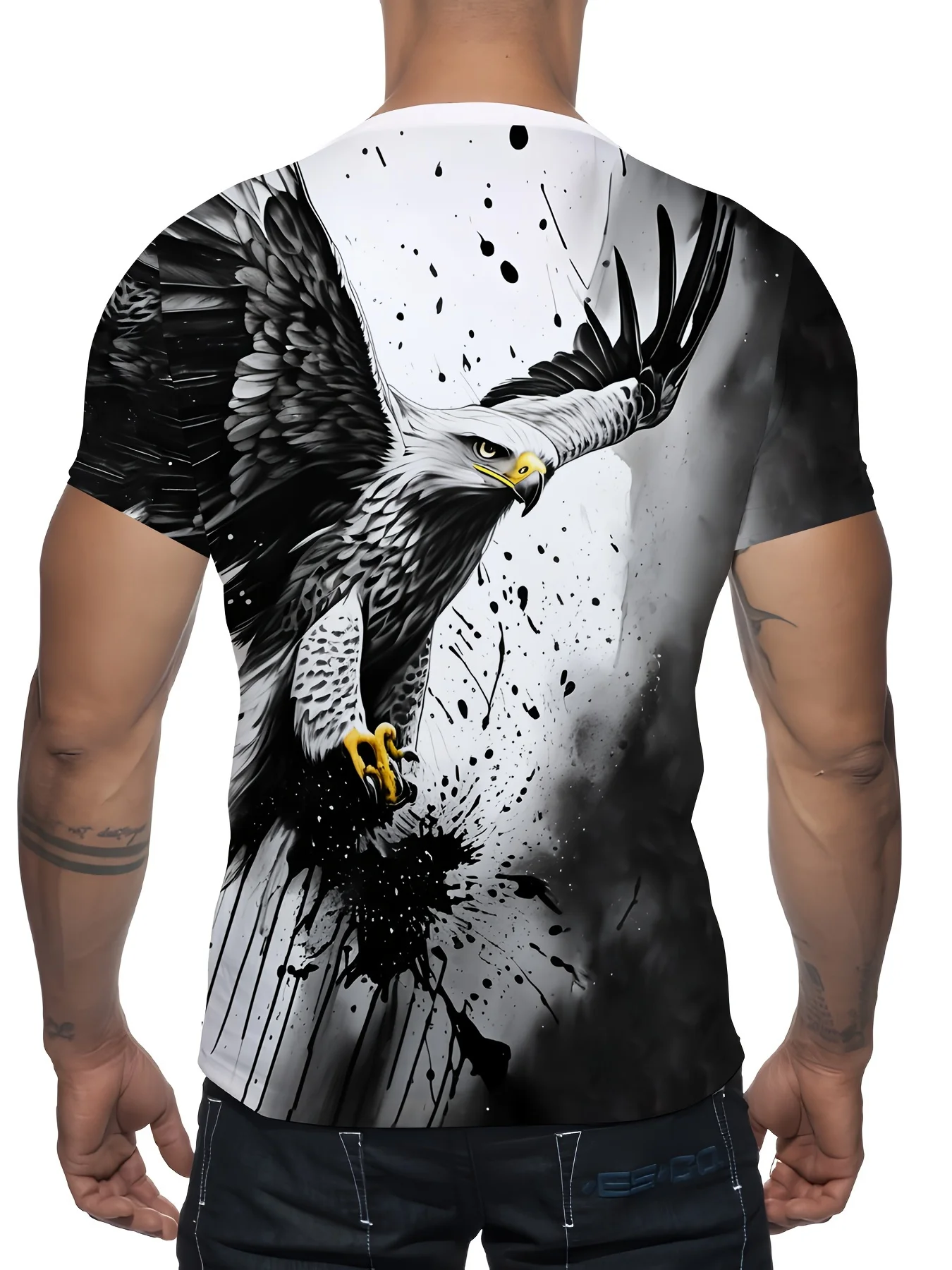 Men's Ink Splash Eagle Bird Print O-Neck Short Sleeve T Shirt Street Trend Design Loose Versatile Daily Casual Tee Mens Clothing