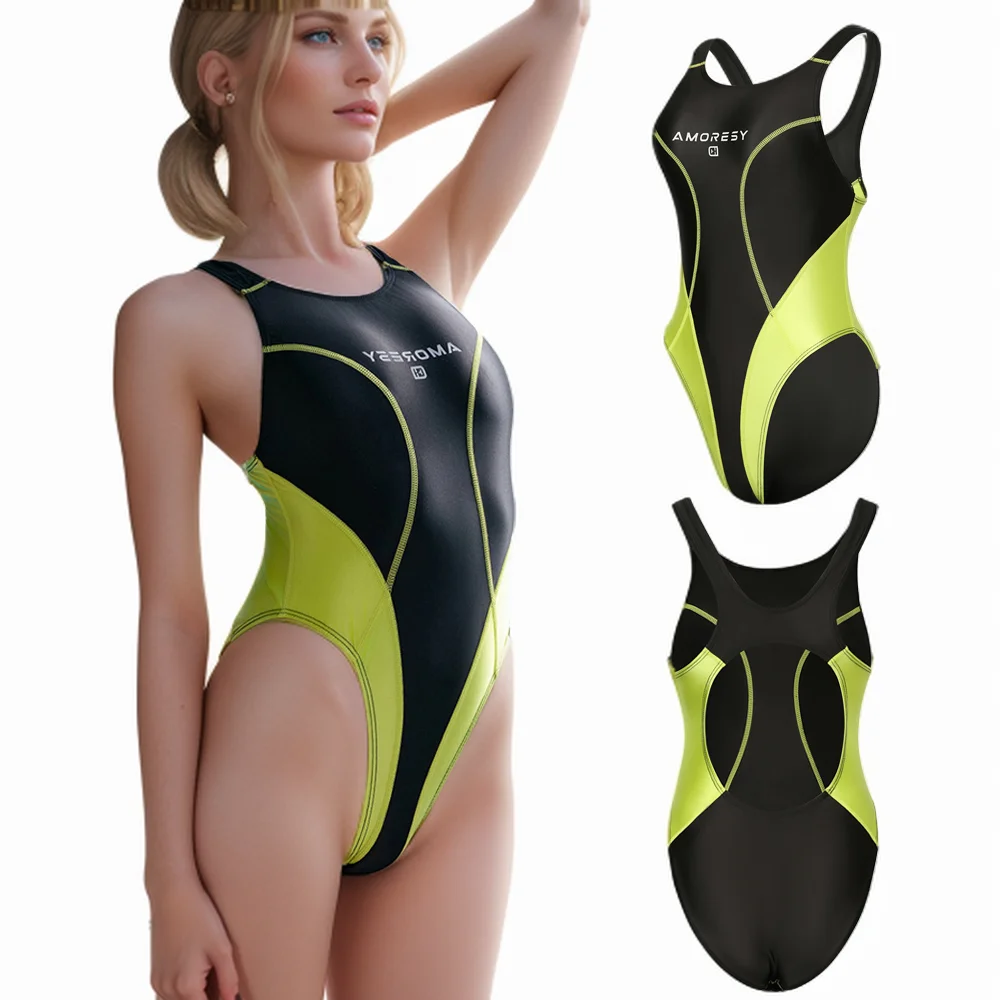 

AMORESY Women's High Cut One Piece Swimsuit Shiny Glossy Patchwork Slimming Sleeveless Backless Sport Bathing Suit
