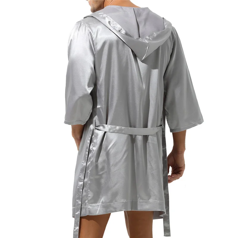 Mens Hooded Bathrobe With Shorts Set Short Sleeve Men Pajama Bath Robe Set Summer Silk Satin Nightgown Kimono Bathrobe Sleepwear