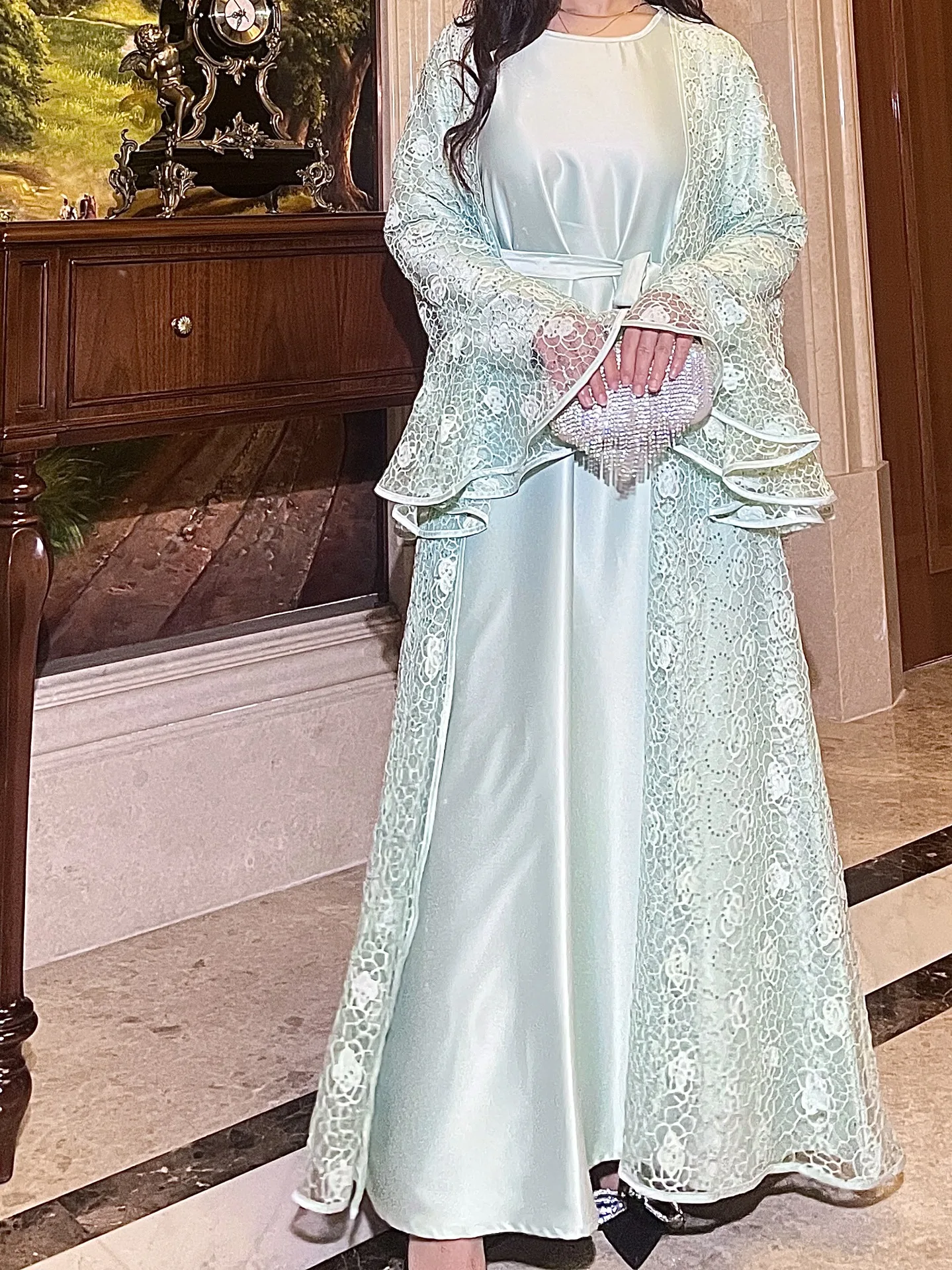 Abito Abaya da donna musulmana Set da 2 pezzi Manica svasata Pizzo con paillettes Raso Abito caftano marocchino Musulman Ensembles Abiti da cadigan