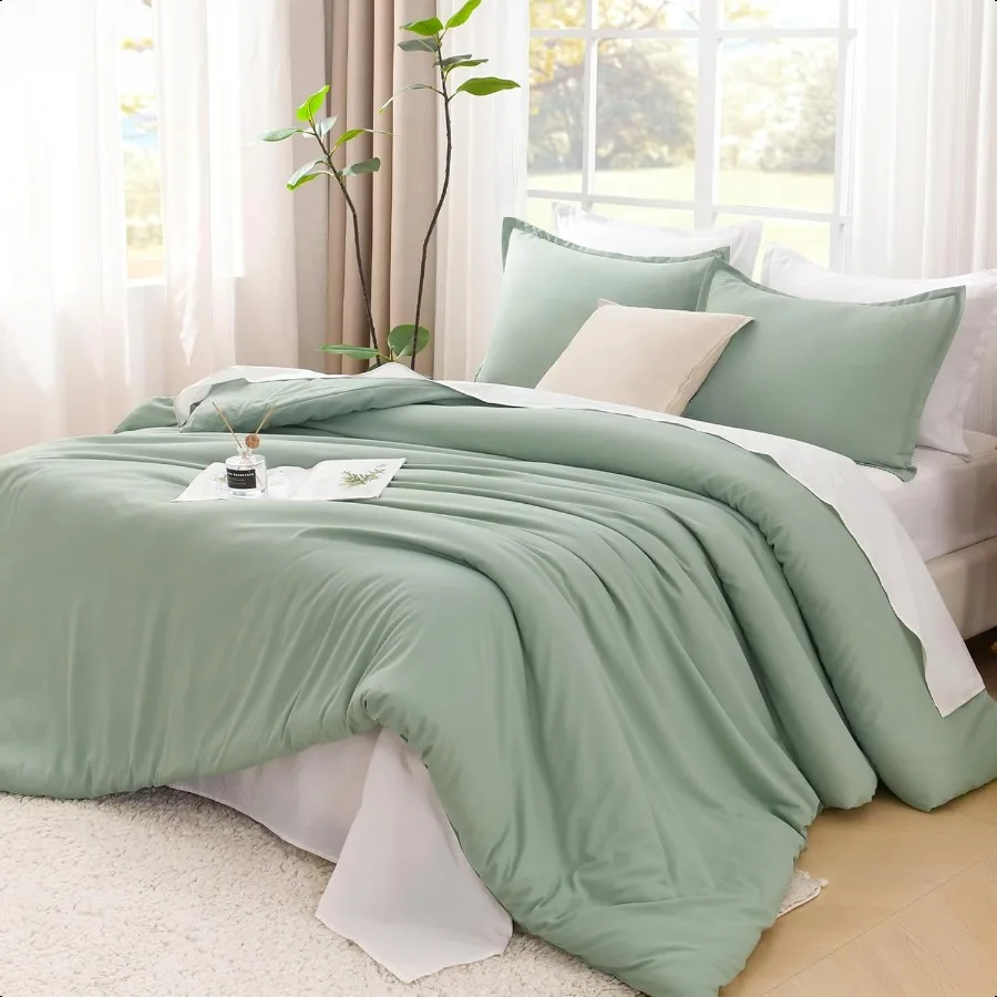 

King Size Comforter Set Sage Green 3 Pieces Lightweight Solid Comforter King Size All Season Fluffy Down Alternative Comforter