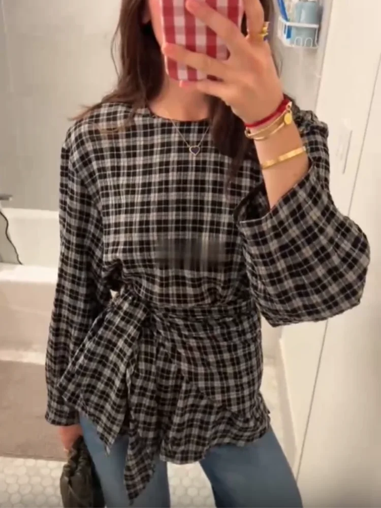 Irregular rendas até camisas femininas xadrez vintage o pescoço manga longa camisa oversize 2025 outono moda casual senhoras blusa