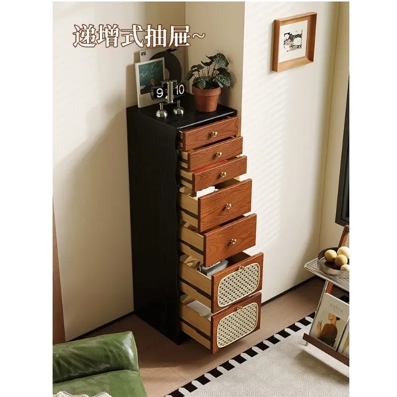 Solid Wood Seven Drawer Cabinet French Retro Rattan Storage Chest Medieval Style Vertical Locker for Living Room Bedroom